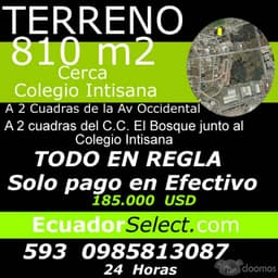 Terreno de venta 2 cuadras del C.C. El Bosque junto al Colegio Intisana 185.000 usd